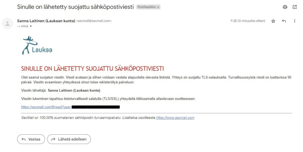 kuvankaappaus suojatusta sähköpostiviestistä