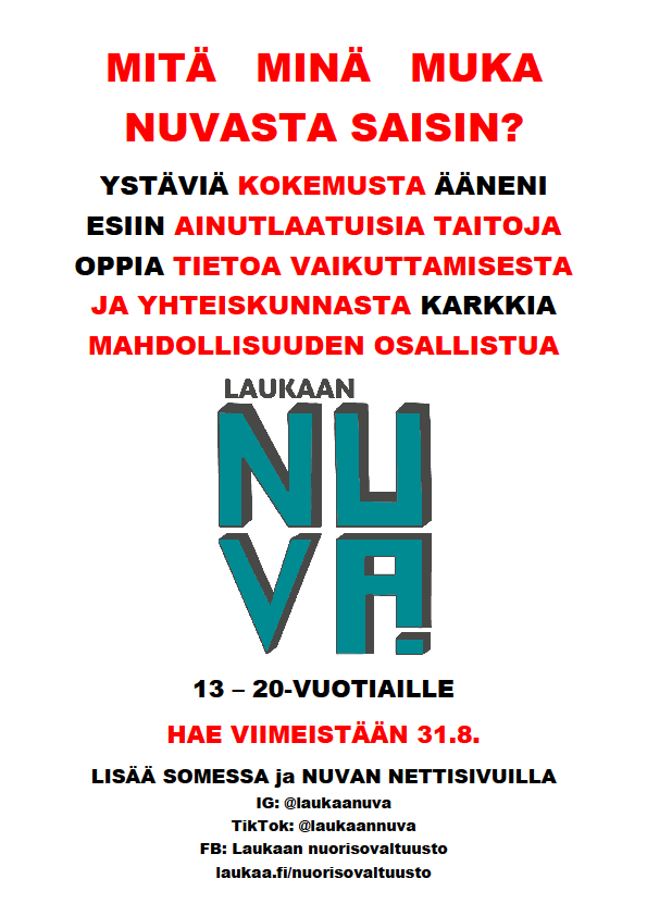 Haku Laukaan nuorisovaltuuston kaudelle 2026-2027 on käynnissä